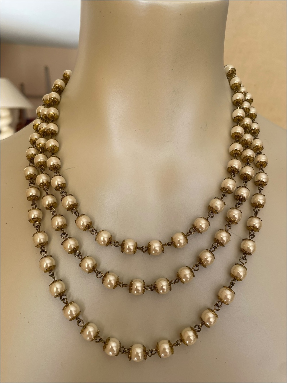 Vintage 3 Strand Faux Pearl Necklace Gold Tone Ornate Filigree Caps Statement